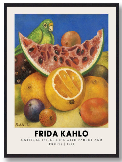 I denne plakat ser vi Frida Kahlo med frugter, der symboliserer livets mangfoldighed og de mange facetter af hendes oplevelser. Hver frugt fortæller sin egen historie om smerte, håb og styrke, og Kahlo formår at integrere disse symboler for at skabe et kraftfuldt kunstnerisk udtryk, der rummer både personlige og universelle temaer.