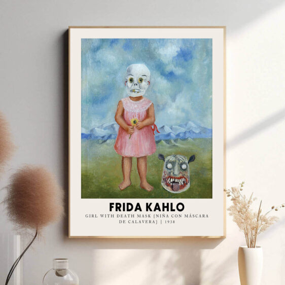 Denne plakat skildrer Frida Kahlo i et dramatisk selvportræt, hvor hun bærer en dødmaske. Billedet udtrykker hendes konstante nærhed til smerte og døden, og symboliserer både hendes fysiske lidelser og hendes dybe forståelse for livets skrøbelighed. Det er en visuelt kraftfuld påmindelse om Kahlos evne til at konfrontere døden med mod og ære.