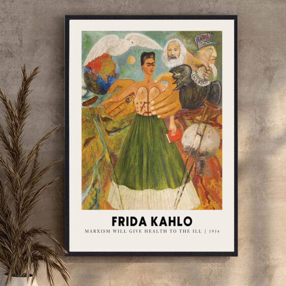 En intens plakat, der belyser Frida Kahlos politiske tilknytning til marxismen. Hun brugte sin kunst som et redskab til at udtrykke sine marxistiske værdier, og denne plakat fanger den styrke og passion, der var en del af hendes vision for en mere retfærdig verden.