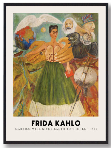 Denne plakat skildrer Frida Kahlos politiske perspektiv som en marxist, og hvordan hendes kunst blev en måde at kommentere på samfundets uretfærdigheder. Plakaten afspejler hendes dybe tro på kampen for social forandring og hendes evne til at bruge sin kunst som et redskab til politisk aktivisme.