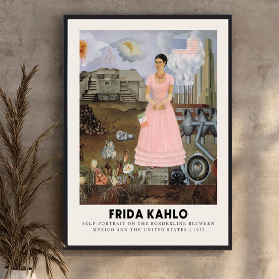En plakatsymbol, der skildrer Frida Kahlos rejse mellem Mexico og USA. Hendes kunst blev stærkt præget af begge lande, og denne plakat understreger de kulturelle sammenstød og påvirkninger, der berigede hendes arbejde. Det er et visuelt udtryk for hendes evne til at forene modsætninger og skabe noget unikt.