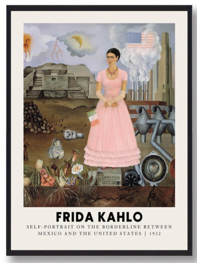 Denne plakat skildrer de komplekse forhold mellem Mexico og USA, som Frida Kahlo navigerede i sin kunstneriske rejse. Med farverige og symbolske elementer fanger plakaten de spændinger og muligheder, der opstod, når Kahlo mødte de to kulturelle verdener, og hvordan det berigede hendes kunst.