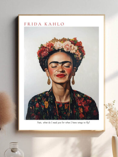 Denne plakat fanger Frida Kahlos uforlignelige styrke og sårbarhed. Hendes unikke stil, der blander symbolik og selvudfoldelse, træder tydeligt frem. Farverne og detaljerne i plakaten afspejler hendes emotionelle dybde og personlige rejse gennem både fysisk og psykisk smerte.