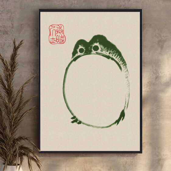 En charmerende plakat, der viser en grøn frø i sin naturlige habitat. Matsumoto Hojis detaljerede kunstværk fanger frøens livlige grønne farve og den fredfyldte stemning omkring den, hvilket giver en følelse af naturens enkle skønhed.