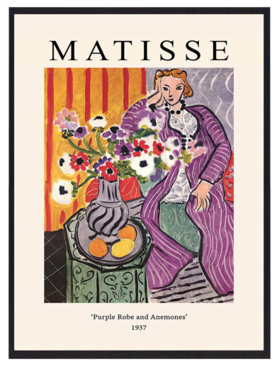 I dette værk udstråler både elegance og energi, hvor den lilla robe og de farverige anemoner sammen giver en følelse af både fred og livskraft. Matisse’s enkle komposition og farvevalg skaber et indbydende og raffineret kunstværk.