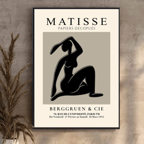 Black Nude Women af Henri Matisse skaber en kraftfuld og dramatisk figur gennem dybe, sorte konturer og en minimalistisk tilgang. De stærke linjer og kontraster fremhæver den naturlige form og skaber en følelse af både styrke og sensualitet.