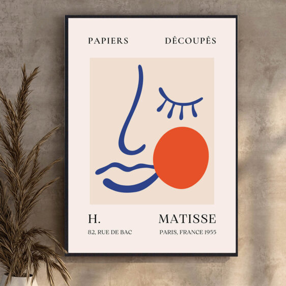 Blue Face Decoupés af Henri Matisse er et visuelt kraftfuldt værk, hvor den abstrakte form af et ansigt skabes gennem enkle, organiske linjer og flader i blå farve. Matisse forvandler det figurative til noget grafisk og symbolsk.