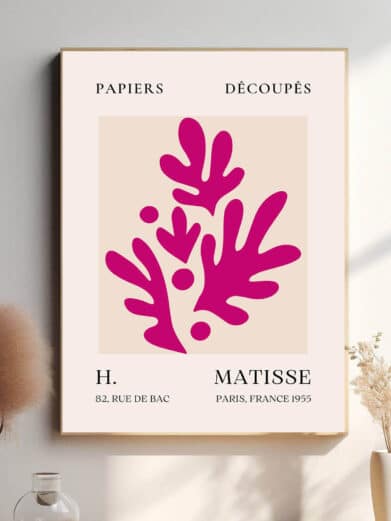 Den lyserøde farve i Pink Leaves giver værket en livlig og energisk tone. Matisse’s evne til at bruge enkle former og farver skaber et smukt og dynamisk mønster, der fremstår både dekorativt og ekspressivt.