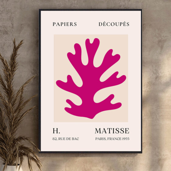 Pink Leaves Decoupés af Henri Matisse skaber et harmonisk og organisk mønster, hvor de stiliserede lyserøde blade synes at flyde og bevæge sig. Matisse’s enkle linjer og den bløde farve fremhæver naturens skønhed i en dekorativ og moderne form.