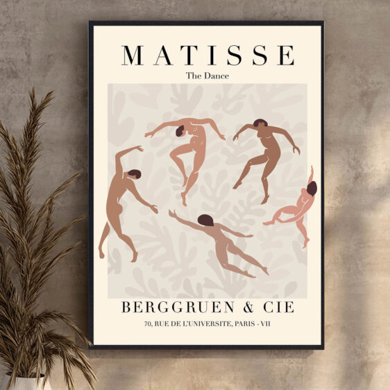 The Dance af Henri Matisse er et kraftfuldt værk, hvor figurerne bevæger sig i en synkroniseret og frigørende dans. Den intense rød-orange farve og de flydende linjer skaber en følelse af bevægelse og energi, der fanger kroppens rytme og vitalitet.