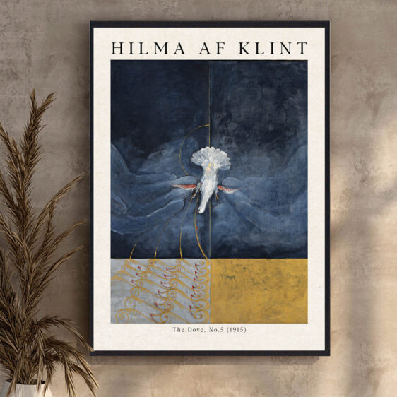 I en symfoni af farver og former svæver duen som et symbol på renhed og åndelig oplysning. Hilma af Klints karakteristiske brug af geometriske former og blide farveovergange skaber en atmosfære af transcendens, hvor den hvide due bliver en bærer af kosmisk viden og forbindelsen mellem det jordiske og det guddommelige.