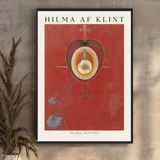 Duen svæver som et symbol på åndelig fred i et univers fyldt med geometriske mønstre og intense farver. Hilma af Klint bruger stærke kontraster mellem lys og mørke, hvor duen fungerer som en kanal for kosmisk energi og åndelig indsigt. De flydende linjer og rige farver skaber en følelse af transcendens, der inviterer beskueren til at reflektere over forbindelsen mellem det menneskelige og det guddommelige.