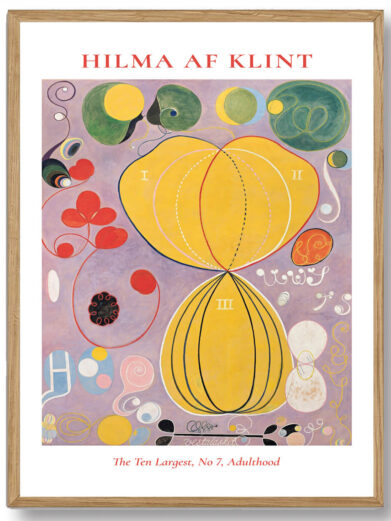 Med sin karakteristiske brug af farve og form skaber Hilma af Klint et værk, der både er abstrakt og symbolsk. "The Ten Largest No. 7" rummer komplekse visuelle elementer, der symboliserer menneskets indre verden og dets åndelige potentiale. Farverne, som spænder fra dybe blå til varme røde, skaber en dynamisk energi, der afspejler de indre livskraftige kræfter, vi alle rummer.