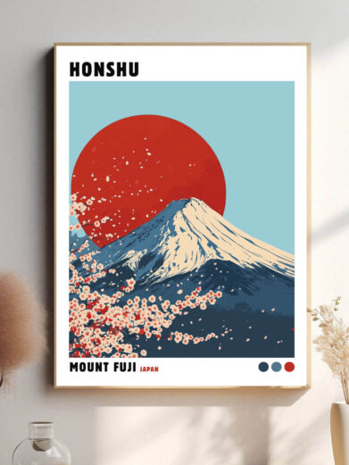 I Hokusais værk ser Mount Fuji ud som et stille og uforanderligt symbol mod de bevægelige landskaber. Dens spidse top, ofte dækket af sne, står i kontrast til de travle scener af mennesker og natur omkring den.