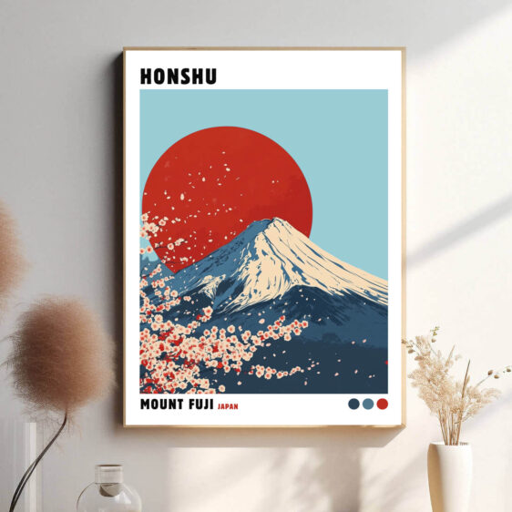 I Hokusais værk ser Mount Fuji ud som et stille og uforanderligt symbol mod de bevægelige landskaber. Dens spidse top, ofte dækket af sne, står i kontrast til de travle scener af mennesker og natur omkring den.