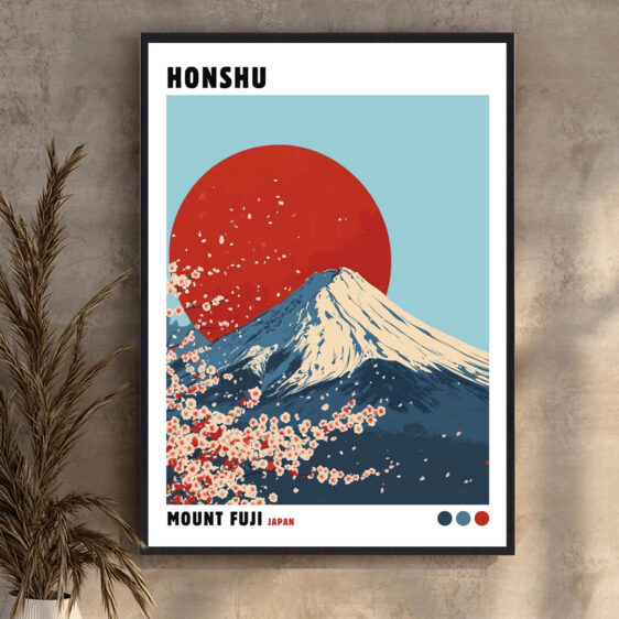 Hokusai fanger den majestætiske Mount Fuji i en fredfyldt og tidløs scene. Den store vulkan dominerer landskabet, omgivet af bølger eller landskab, hvilket skaber en stærk kontrast mellem dens ro og naturens livlige elementer.
