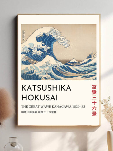 I dette ikoniske værk skaber Hokusai en følelse af dynamik og spænding med en kæmpe bølge, der er på vej til at ramme bådene. De små både, der kæmper mod bølgen, er symboler på menneskets skrøbelighed, mens den fjerne, majestætiske Mount Fuji står uforstyrret i baggrunden.
