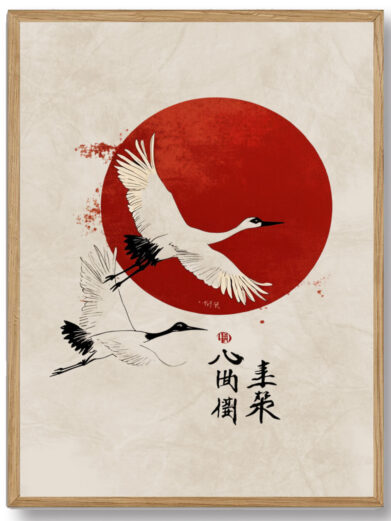 Et tidløst motiv af traner i flugt mod en strålende rød sol. Hokusais stil viser fuglenes skønhed med fine penselstrøg og balancerede kompositioner, som fremhæver Japans traditionelle æstetik.