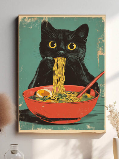 Japansk kunstplakat i form af en sort kat, der sidder og spiser nudler af en rød skål