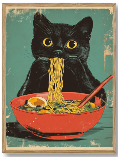 En kat med pels så sort som natten sidder og spiser nudler i en japansk restaurant. Hokusai fanger kattens opmærksomhed, mens den forsigtigt napper en bid nudler op, mens dampen stiger op fra skålen og fylder scenen med varme og hygge.