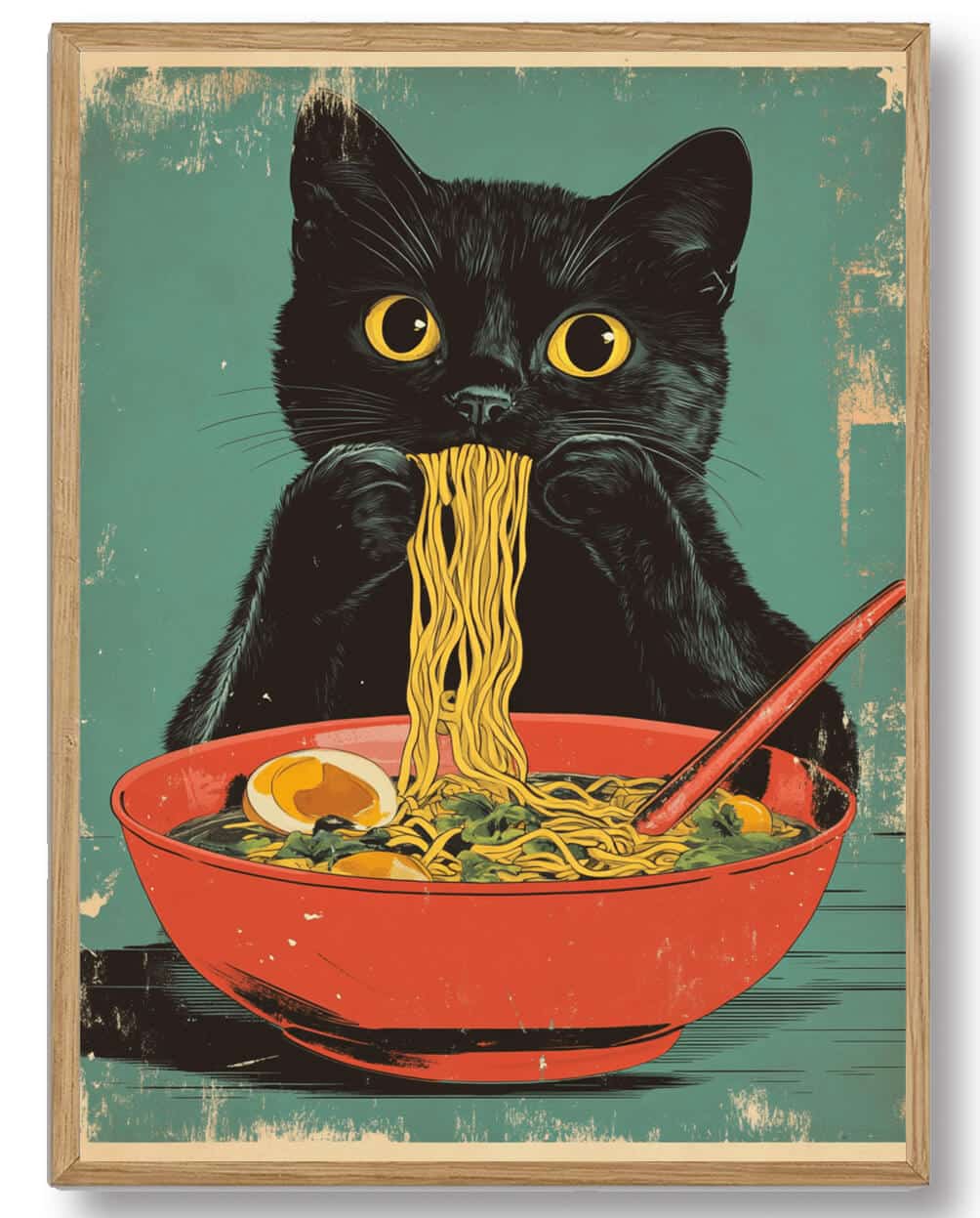 Black cat eats noodles