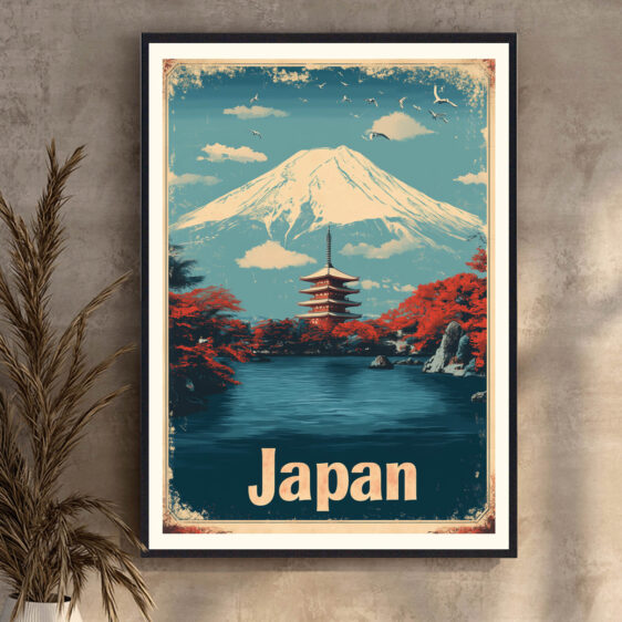 Japansk bygning i flotte omgivelser. På plakaten står der "Japan"