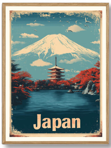 På plakaten er mount fiji hvor der foran er en flot japansk bygning. På plakaten står der skrevet "Japan"