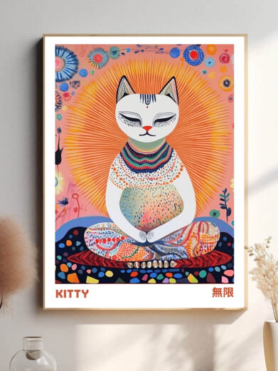 Hokusai skildrer en legesyg kat, der elegant strækker sig under et blomstrende kirsebærtræ. Katten er livlig og energisk, mens de bløde farver i baggrunden og de detaljerede linjer giver et indtryk af naturens fredfyldte skønhed.
