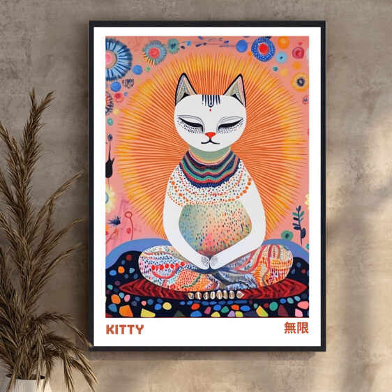 En nysgerrig kat, tegnet af Hokusai, sidder elegant på en japansk tatami-måtte, mens dens blik er fokuseret på noget uden for billedet. Hokusais detaljerede linjer giver katten en livagtig og legende kvalitet, mens den enkle baggrund afspejler den japanske minimalisme.