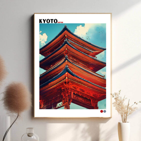 En stille gade i Kyoto er afbildet med et smukt bjerglandskab i horisonten. Hokusai fanger det traditionelle japanske liv i byen med detaljerede bygninger og et landskab fyldt med roser og blide nuancer.