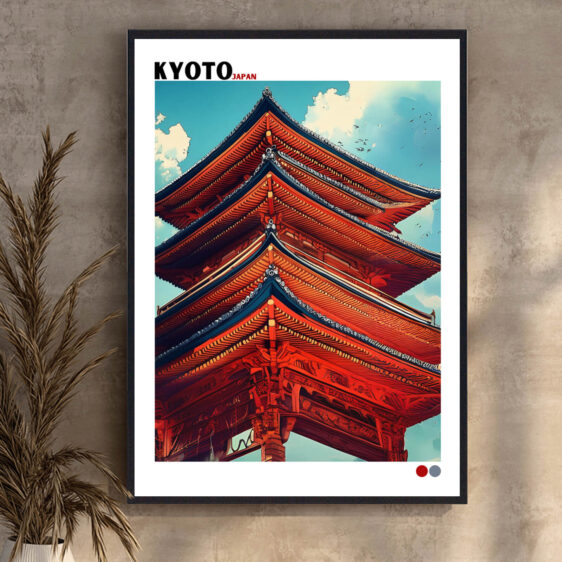 Hokusai fanger en fredfyldt scene i Kyoto, hvor traditionelle japanske bygninger står i kontrast til et landskab fyldt med blomstrende kirsebærtræer. Bjerget i baggrunden symboliserer naturens tidløshed mod byens historiske charme.