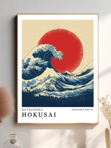 Hokusais berømte billede af den store bølge fanger havets kolossale kraft. De små både kæmper mod bølgen, mens den majestætiske Mount Fuji i baggrunden står som et uforstyrret symbol på tidløs natur.
