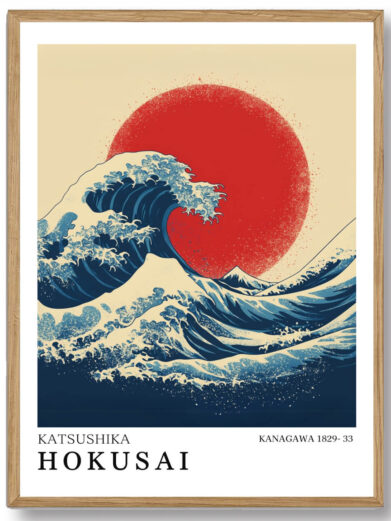 Hokusai fanger et dramatisk øjeblik med en gigantisk bølge, der ruller mod små både. Den rolige Mount Fuji i baggrunden står i kontrast til den voldsomme energi i havet, hvilket skaber en følelse af både uro og ro.