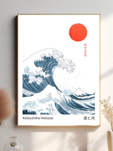 I dette berømte træsnit fanger Hokusai den voldsomme energi i havet, hvor bølgen hæver sig truende over bådene. Mount Fuji, der ses langt i baggrunden, står som et symbol på stabilitet mod den stormfulde og uforudsigelige havkræft.