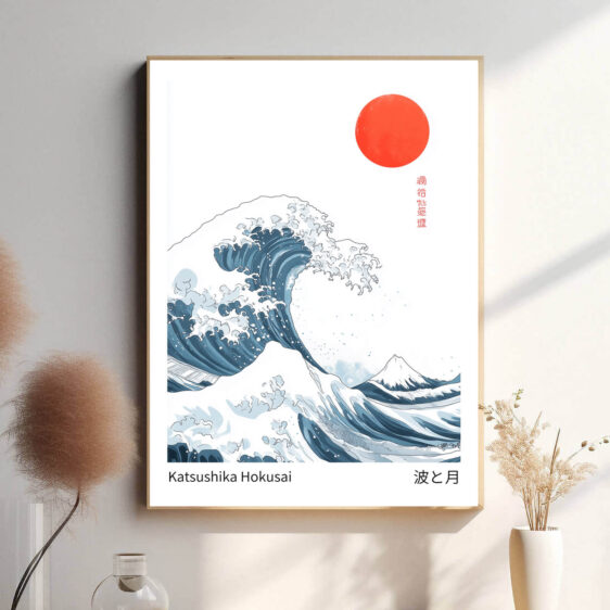 I dette berømte træsnit fanger Hokusai den voldsomme energi i havet, hvor bølgen hæver sig truende over bådene. Mount Fuji, der ses langt i baggrunden, står som et symbol på stabilitet mod den stormfulde og uforudsigelige havkræft.