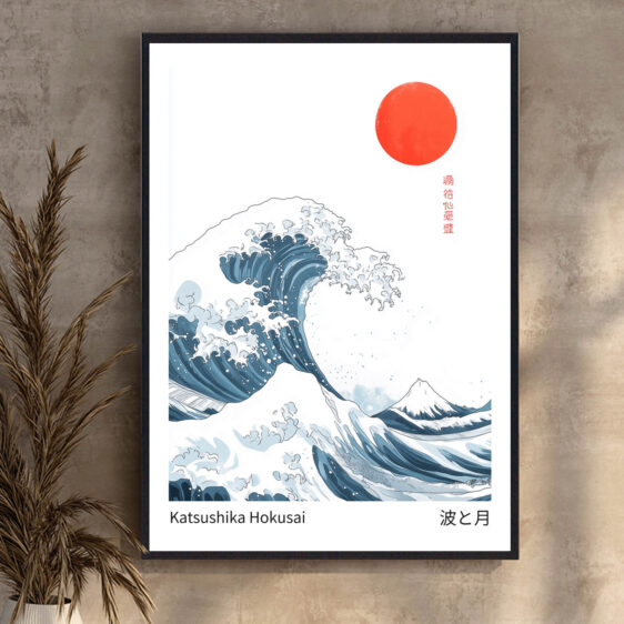 Hokusais "The Great Wave" viser en enorm bølge, der truer med at oversvømme små både, mens Mount Fuji ses i horisonten. Bølgen er kraftfuld og dramatisk, en symbol på naturens uforudsigelige styrke mod menneskets skrøbelighed.