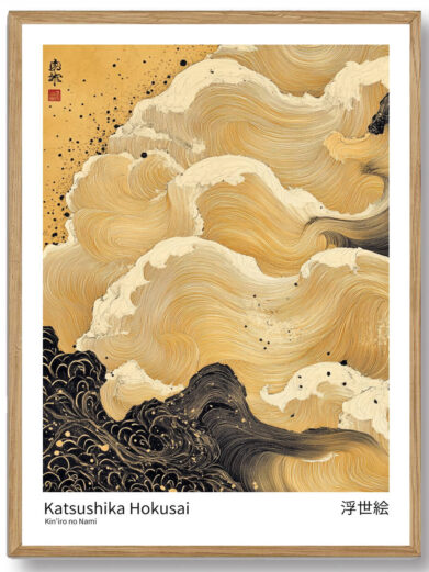 Hokusai's gyldne bølge præsenterer en imponerende scene, hvor bølgen, med sine varme gule og guldtoner, er på vej til at kollidere med de små både. Baggrunden forbliver rolig og tidløs, med Mount Fuji i horisonten, som symboliserer naturens uforanderlighed.
