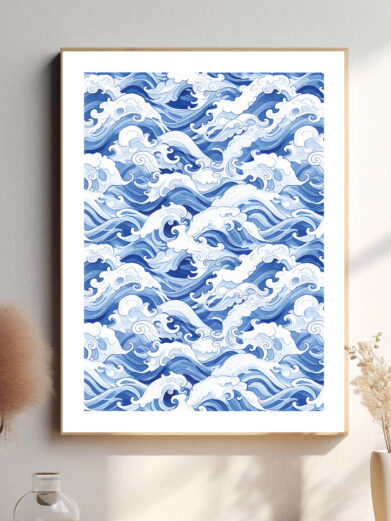 I denne plakat ser vi en række kraftfulde bølger, der ruller mod kysten. Bølgerne er skabt med stor detalje, deres hvide skum og bølgende bevægelser skaber en følelse af energi og bevægelse, mens den stille horisont giver værket balance.