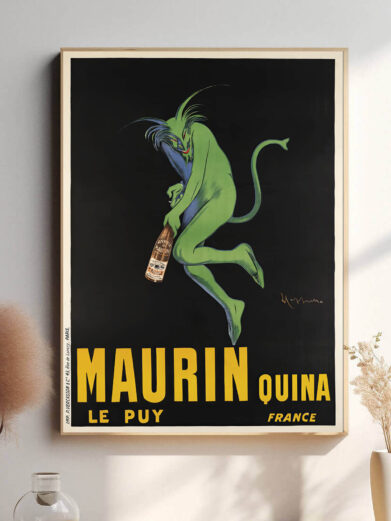 Med sin raffinerede typografi og sofistikerede design hylder plakaten Maurin Quina som en drink, der symboliserer stil og luksus i det 19. århundredes Frankrig.