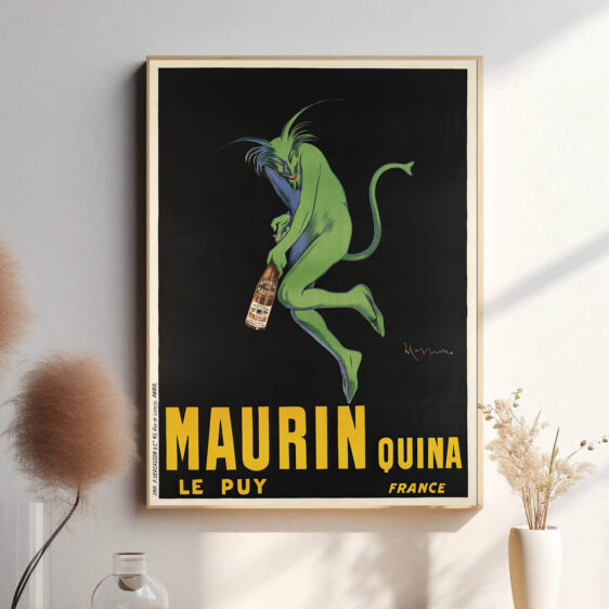 Med sin raffinerede typografi og sofistikerede design hylder plakaten Maurin Quina som en drink, der symboliserer stil og luksus i det 19. århundredes Frankrig.