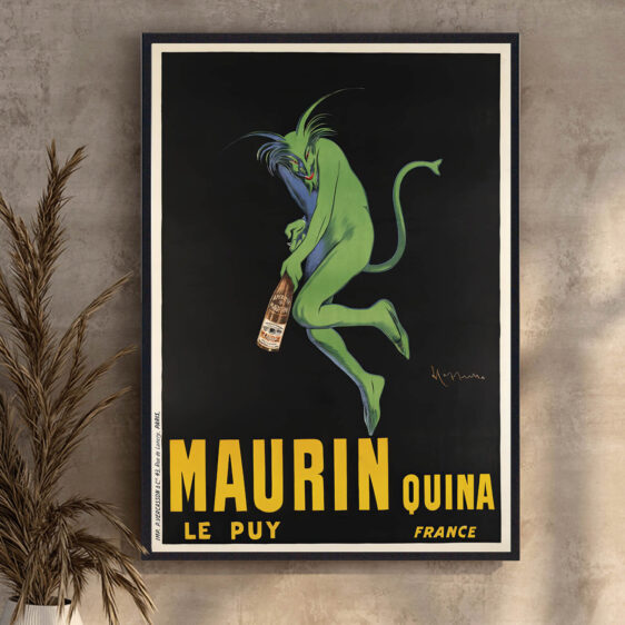 En farverig og livlig vintage-plakat, der præsenterer Maurin Quina. Plakaten fanger den varme, indbydende stemning af denne klassiske franske aperitif.