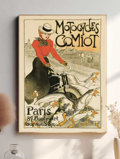 Med sin præcise linjeføring og dynamiske komposition hylder denne plakat både motorcyklens tekniske raffinement og den æstetiske skønhed i 1900-tallets industrielle design.