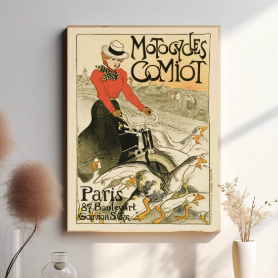 Med sin præcise linjeføring og dynamiske komposition hylder denne plakat både motorcyklens tekniske raffinement og den æstetiske skønhed i 1900-tallets industrielle design.
