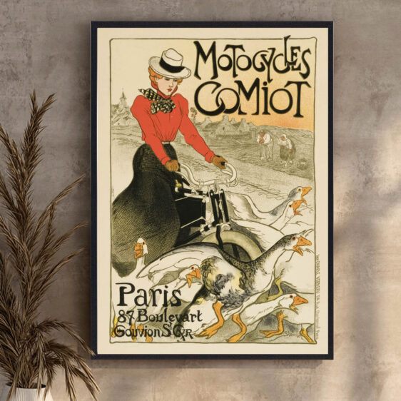 En stilfuld vintage-plakat, der fanger den kraftfulde energi og elegance fra Comiot-motorcyklen. Den strømlinede form og dramatiske detaljer gør plakaten både tidløs og iøjnefaldende.