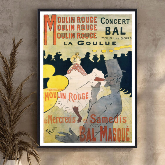 En klassisk plakat, der fanger den uforglemmelige magi fra Moulin Rouge. Farverne og bevægelsen af dansere fanger den festlige stemning af denne berømte kabaret.