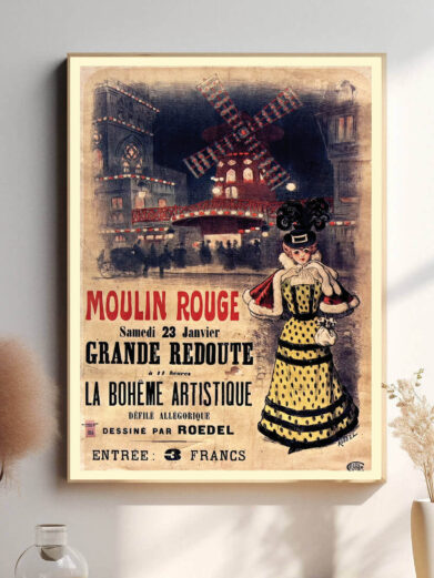 En ikonisk illustration, der fremhæver kabarettens festlige stemning og den berømte kan-can-dans. Perfekt til dem, der elsker Belle Époque og parisisk livsstil.