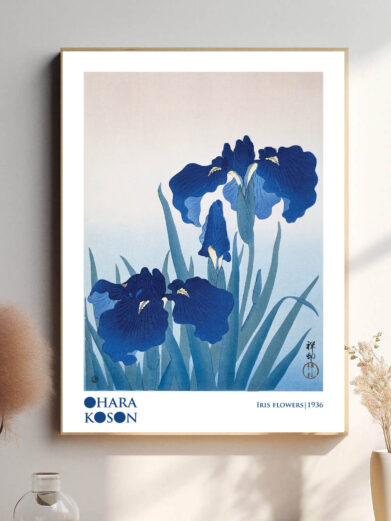 En vidunderlig plakat, der fremhæver Ohara Kosons Irisblomster. De farverige og elegante iris blomstrer i fuld pragt, og deres livlige farver kontrasterer smukt med de bløde, naturlige omgivelser, hvilket skaber en følelse af forår og fornyelse.