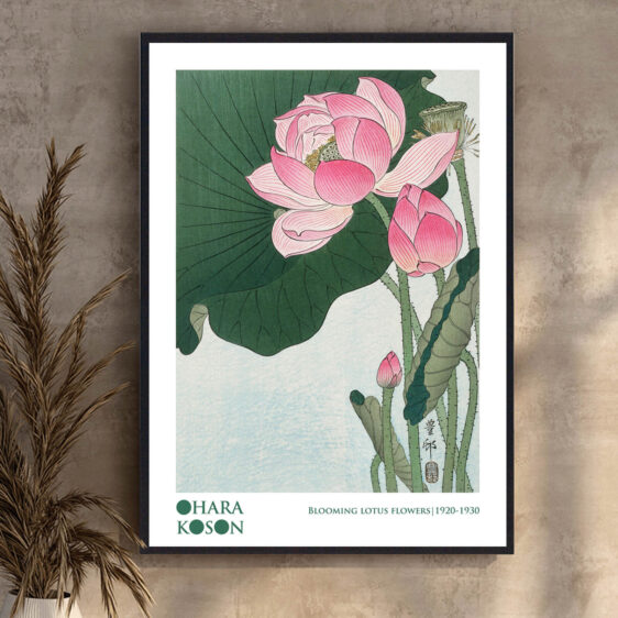 Denne plakat fremhæver Ohara Kosons Lotus, hvor den bløde og delikate blomst står i kontrast til de rolige vande omkring den. Farverne er subtile og fredfyldte, hvilket giver et indtryk af naturens stille skønhed og det tidsløse i lotusens symbolik.