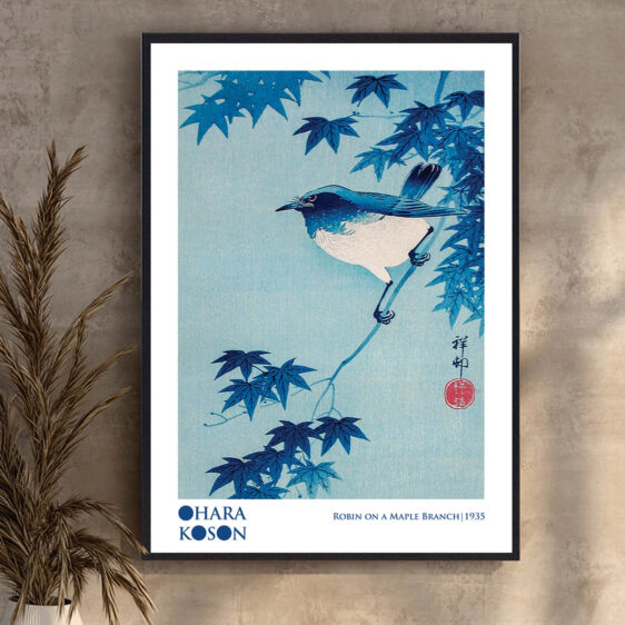 Denne betagende plakat af Ohara Koson viser en rødhals, der hviler på en gren af et ahorntræ. De levende røde og orange efterårsblade komplimenterer fuglens klare fjerdragt og bringer en harmonisk balance mellem farver og naturens ro.