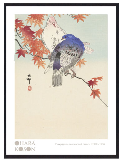 Koson skaber en poetisk kvalitet i dette værk, hvor de to duer og den farverige efterårsgren fremstår som et stille, æstetisk billede af naturens enkle skønhed. Der er en lethed og elegance i værket, som får betragtningen af de små detaljer i naturen til at føles som et stille øjeblik af refleksion.